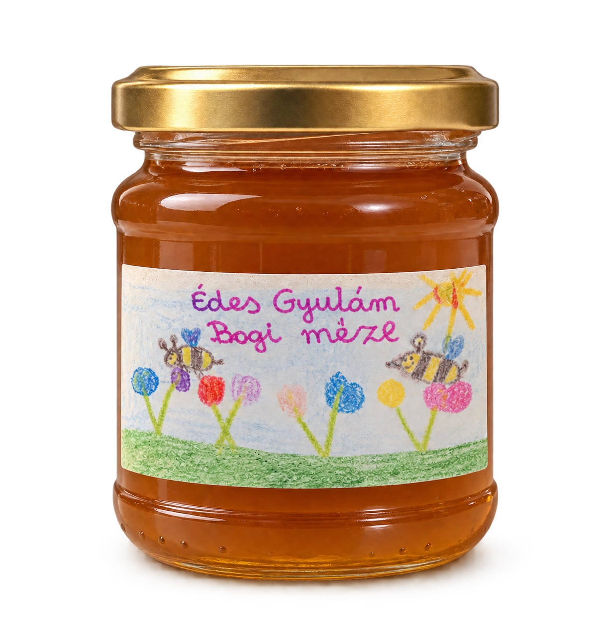 Bogi gyermekrajzával díszített mézesüveg